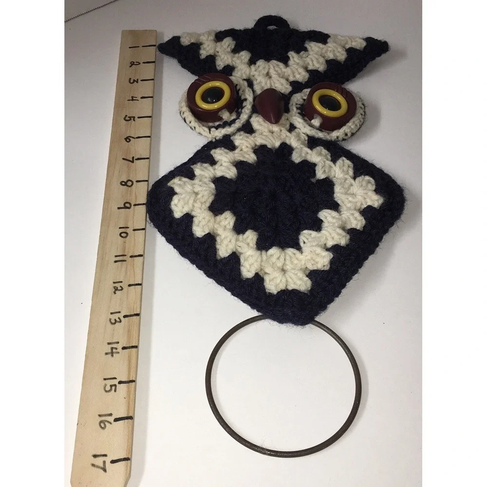 Vintage Crochet Navy‎ White Brown 70s Owl Wall Hanging Towel Holder Boho MCM